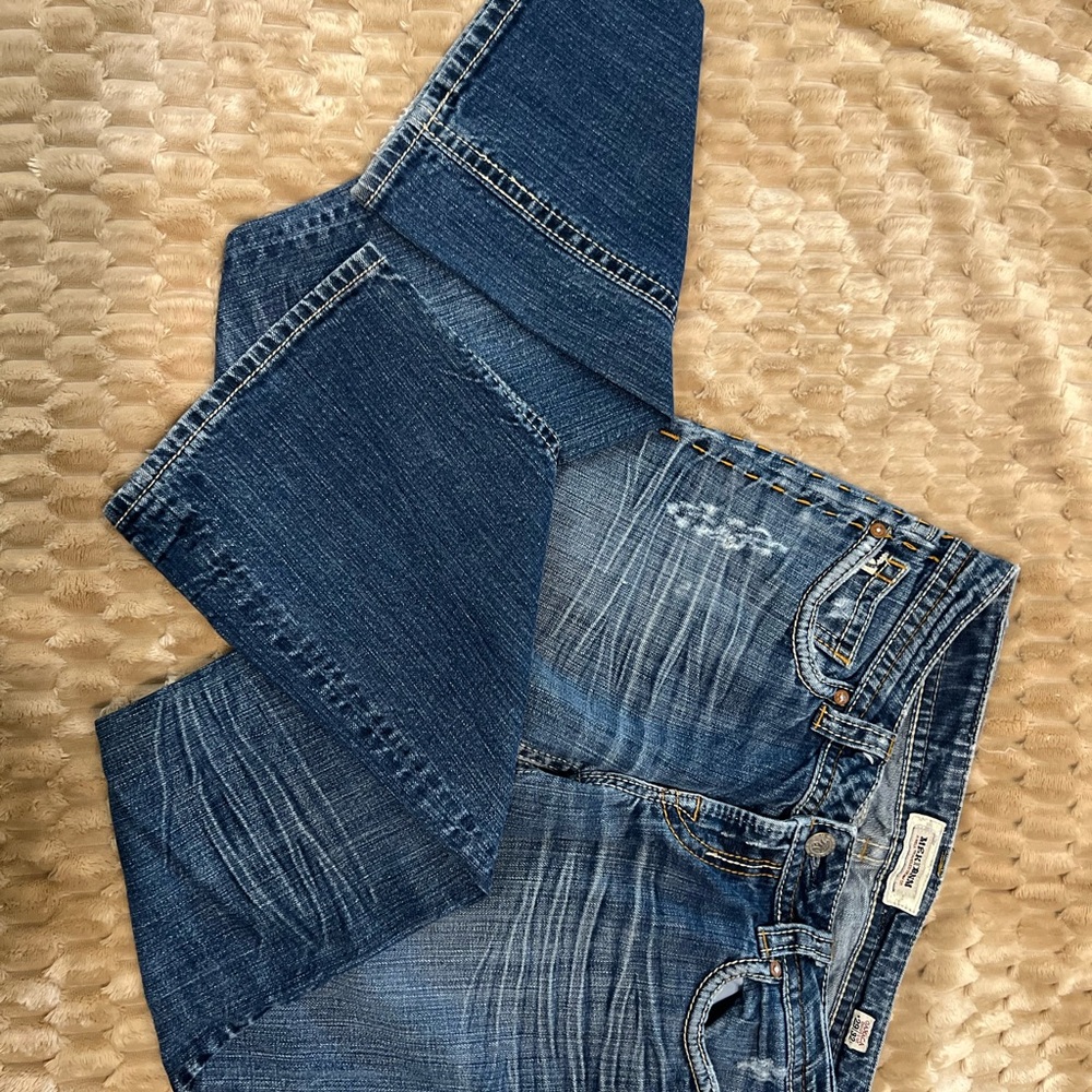Mek: A Well Traveled Denim Co. Dark Blue Boot-Cut Jeans
